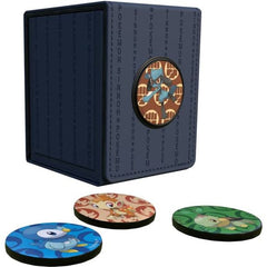 Collect, store, and personalize with the Alcove Click for Pokémon! The Alcove Click comes with four themed badges featuring Turtwig, Chimchar, Piplup and Riolu. This Deck Box holds up to 100 standard size trading cards double-sleeved in Ultra PRO Deck Protector® sleeves, features a strong magnetic closure, and has dual thumb notches for easy access to your deck. Personalize your Alcove Click by popping on your favorite magnetic badges and replacing them with other badges. badges have a 1.5 in. diameter.