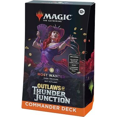 Vampire queen Olivia Voldaren failed to dominate Innistrad, but her new alliances on Thunder Junction may yet prove worthwhile. Gather a motley crew of outlaws and overpower your opponents with a deck that’s ready to play right out of the box and experience Magic: The Gathering’s most popular multiplayer format. The Outlaws of Thunder Junction Most Wanted Commander Deck includes 1 Red-White-Black deck of 100 Magic cards (2 Traditional Foil Legendary cards, 98 nonfoil cards), a 2-card Collector Booster Sampl