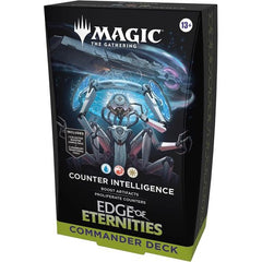Battle your friends with powerful creatures and spectacular spells in Commander, Magic’s most popular multiplayer format. This Edge of Eternities Counter Intelligence Commander Deck includes 1 deck of 100 Magic cards (98 nonfoil cards and 2 Traditional Foil Borderless Legendary cards), a 2-card Collector Booster Sample Pack (contains 1 Traditional Foil or nonfoil alt-border card of rarity Rare or higher and 1 Traditional Foil Uncommon card), 10 double-sided token cards, 1 deck box (can hold 100 sleeved card