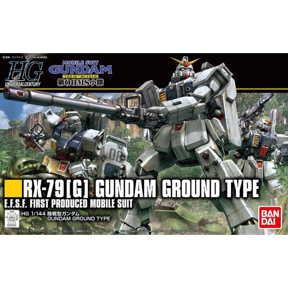Here comes the HG Gundam Ground Type as seen in "Mobile Suit Gundam: The 08th MS Team"! Its exterior armor parts have been newly molded to recreate the unique look of the Ground Type, including the asymmetrical chest piece. It also features increased mobility, allowing you to recreate it posing on one knee while holding its gun with both hands, and other impressive poses seen in the anime series! The 180mm canon is newly molded, and can be stored inside the wepaon container by replacing certain parts. Assem