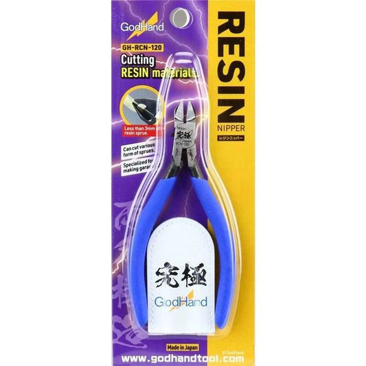 The GodHand RCN-120 Resin Nipper is designed to be the perfect nipper to cut 3D printer resin parts & GK Kits.  These double-bladed nippers are made from Kobe Steel in Japan.  Overall length is approximately 170mm (6.7"), and total weight is 140 grams (5 oz).  Cuts cleanly, and should only be used to cut sprues of less than 3mm thickness.  Includes leather blade protector for protecting nippers when not in use.  Can also be used for plastic, but designed especially for resin.