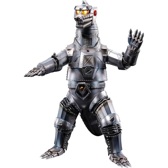 First seen in 1974's "Godzilla vs. Mechagodzilla," Mechagodzilla celebrates his 50th anniversary this year, and to mark the occasion, Bandai launches their "DX Chogokin Damashii" action figure of this iconic kaiju! Press on his dorsal fins to activate Mechagodzilla's theme song, attack sounds, and more! Mechagodzilla's various functions are reproduced with sound and light -- the Space Beam sound will be heard while both eyes light up with multi-colored light, and the Cross Attack Beam sound is played when t