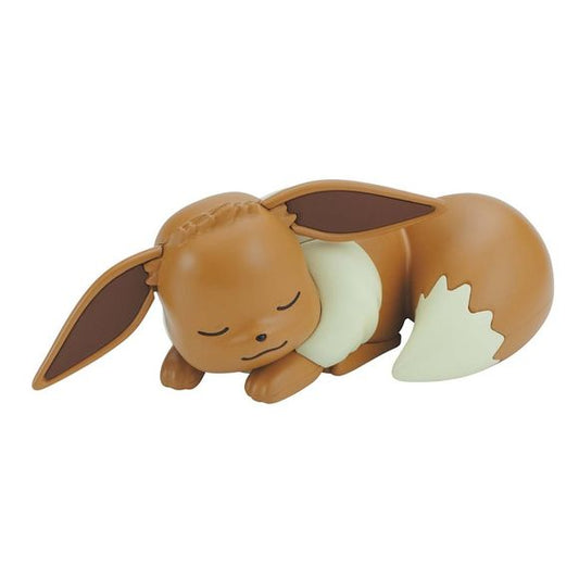 From Bandai's Pokemon Plamo (plastic model) Collection Quick series comes an adorable little sleeping Eevee!
The kit is snap-fit so you can assemble it without any glue, and you don't even need tools to remove the parts from the runners! Just snap the colored parts loose from the runner then press them together and you'll have yourself a figure of Eevee in no time. The kit features 16 parts in total, and will be 115mm long when completed.