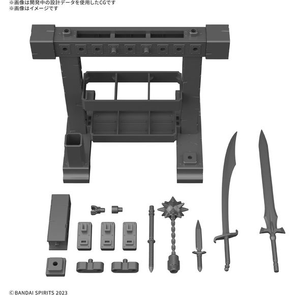 Bandai's "30MF (30 Minutes Fantasy)" model-kit series expands with their 30MF Item Shop 3 (Weapon Option)! This set is filled with weapons and items that expand the range of their Class-Up Armor lineup!  A set filled with weapons and items that expand the range of "Armor Cross" [Armor Replacement].

[Accessories]
■ Long sword x 1
■ Scimitar x 1
■Knife x 1 
■ Mace x 1 set
■ Weapon rack x 1 set 
■ Joint parts x 1 set