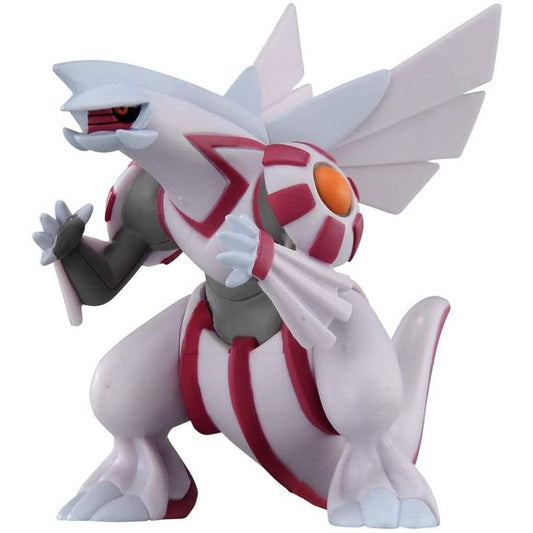 Palkia is a light purple theropodous-like Pokémon with stripes and markings of a darker shade and gray underarms and waist. It has round purple-striped plates on its shoulder area, where two pink pearls lie encrusted with a gray rim encircling them and fins in their back. Pallia's arms have extended formations resembling gauntlets and a purple band around each wrist. Pallia has a long neck, a pointed white crest on the top of its head that extends to its wings, two strong horn-like tusks on the sides of its