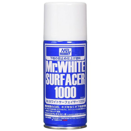 Since it is white, Mr.WHITE SURFACER is used to modify plastic model parts that are black or dark in color. If this is used on the entire model, only a thin over-coat of paint in the desired color is necessary.  Available in bottle and spray.  170ml.
Continental USA Shipping only, expedited shipping is not available on this item.