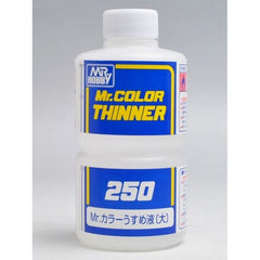 Mr Color Thinner is designed for use with Mr Color solvent based paints.  Can also be used with Mr Hobby Aqueous Hobby Color.  250 ml Bottle.
Advised thinning ratio for airbrushing is 1:1.5 > 1:2 (Paint:Thinner)