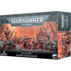 This multipart plastic kit builds 10 Khorne Berzerkers, including power packs, shoulder pads with sculpted designs, and 26 unique heads split between crested helmets or bare faces.
This kit comprises 141 plastic components, and is supplied with 10x Citadel 32mm Round Bases. Also included is a World Eaters Transfer Sheet, with 200 transfers featuring Khornate symbols, runic tattoos, eight-pointed stars, skulls, and variations on the World Eaters Legion icon. These miniatures are supplied unpainted and requi