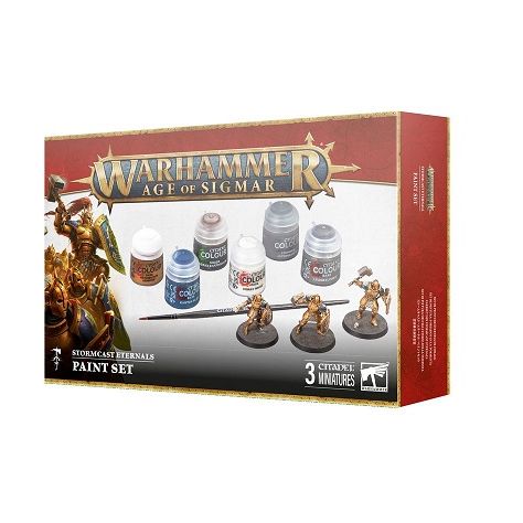 This set includes:

3x plastic, push-fit Stormcast Eternals Liberator miniatures and 3x Citadel 40mm Round Hex Hole Bases
1x Citadel Colour Starter Brush
6x Citadel Colour Paints:
– Retributor Armour (Base)
– Kantor Blue (Base)
– Corax White (Base)
– Leadbelcher (Base)
– Agrax Earthshade (Shade)
– Astrogranite (Technical)
