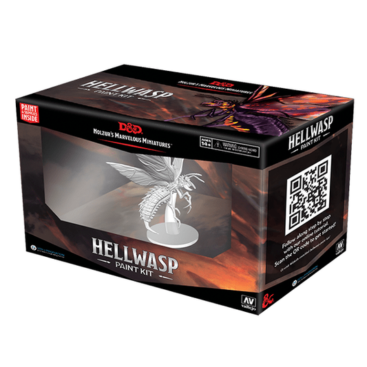 Specially designed to help painters at all levels! The Dungeons & Dragons Nolzur's Marvelous Miniatures: Paint Kit - Hellwasp Includes: (1) D&D Nolzur’s Marvelous Miniature: Hellwasp unpainted figure (SKU 90489, Wave 17), (12) quality Vallejo paint colors, (2) paint brushes, and (1) water pot and the ability to use the blister pack as the paint palette!