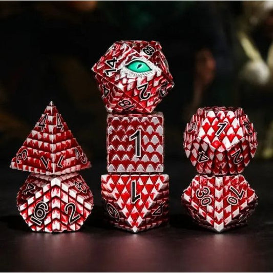 The perfect companion for your gaming needs! These premium die-cast polyhedral dice are exactly what you've been searching for that upcoming game night with the group. Each set weighs roughly 5 ounces and are stored in a quality, brushed metal tin with foam insert. These dice are engraved with crisp, easy-to-read numerals. Many styles and colors are available.
This set includes one of each: d20, d12, d10, d10 (percentile), d8, d6, and a d4 (7 dice in total). All inside a premium Dice Tin.