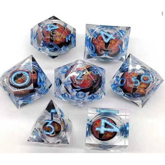 The perfect companion for your gaming needs! These premium, high-end resin are exactly what you've been searching for that upcoming game night with the group. These dice are quality resin with nice weight to them and engraved each with crisp, easy-to-read numerals. Many styles and colors are available.
This set includes one of each: d20, d12, d10, d10 (percentile), d8, d6, and a d4 (7 dice in total)! 
WARNING: These dice are extra sharp! Use with caution