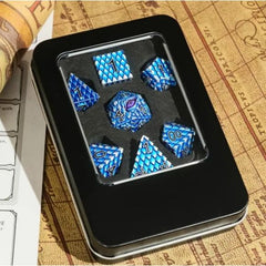 Galactic Dice Premium Dice Sets - Silver & Blue Dragon Set of 7 Metal Dice with Tin