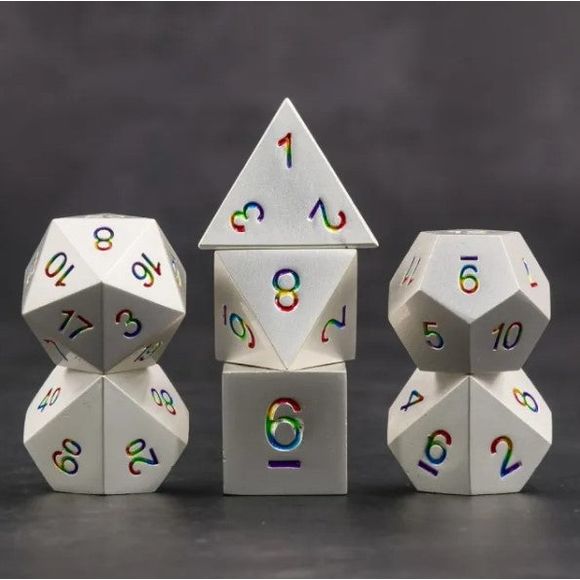 The perfect companion for your gaming needs! These premium die-cast polyhedral dice are exactly what you've been searching for that upcoming game night with the group. Each set weighs roughly 5 ounces and are stored in a quality, brushed metal tin with foam insert. These dice are engraved with crisp, easy-to-read numerals. Many styles and colors are available.

This set includes one of each: d20, d12, d10, d10 (percentile), d8, d6, and a d4 (7 dice in total). All inside a premium Dice Tin.