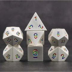 The perfect companion for your gaming needs! These premium die-cast polyhedral dice are exactly what you've been searching for that upcoming game night with the group. Each set weighs roughly 5 ounces and are stored in a quality, brushed metal tin with foam insert. These dice are engraved with crisp, easy-to-read numerals. Many styles and colors are available.

This set includes one of each: d20, d12, d10, d10 (percentile), d8, d6, and a d4 (7 dice in total). All inside a premium Dice Tin.