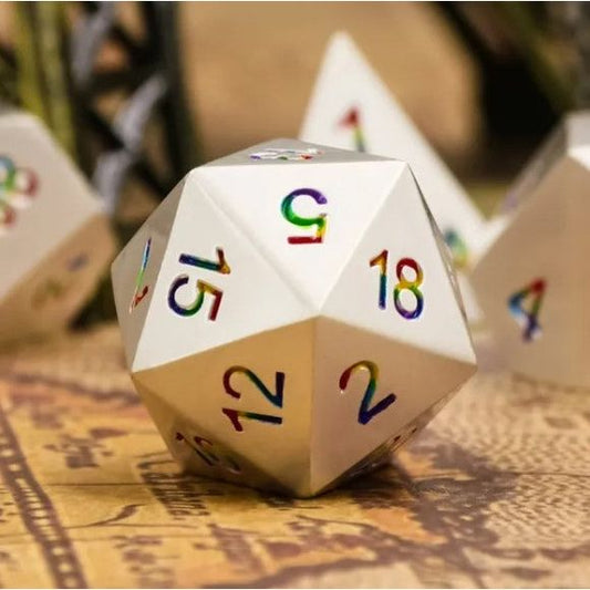 Galactic Dice Premium Dice Sets - Silver & Rainbow Font Set of 7 Metal Dice with Tin