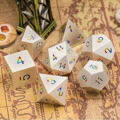 Galactic Dice Premium Dice Sets - Silver & Rainbow Font Set of 7 Metal Dice with Tin