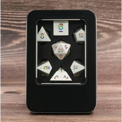 Galactic Dice Premium Dice Sets - Silver & Rainbow Font Set of 7 Metal Dice with Tin