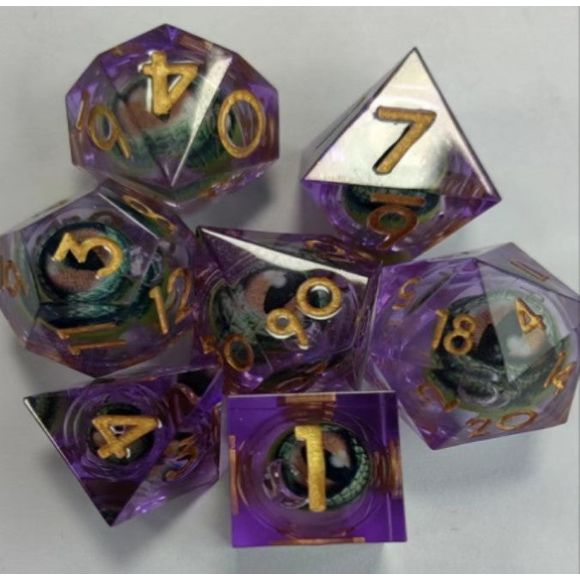 The perfect companion for your gaming needs! These premium, high-end resin are exactly what you've been searching for that upcoming game night with the group. These dice are quality resin with nice weight to them and engraved each with crisp, easy-to-read numerals. Many styles and colors are available.
This set includes one of each: d20, d12, d10, d10 (percentile), d8, d6, and a d4 (7 dice in total)! 
WARNING: These dice are extra sharp! Use with caution