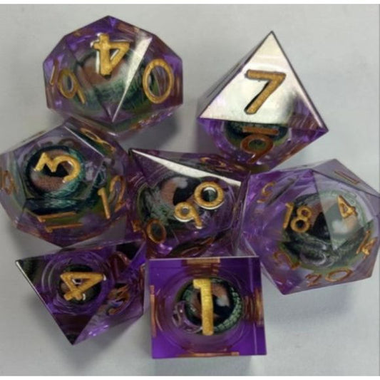 The perfect companion for your gaming needs! These premium, high-end resin are exactly what you've been searching for that upcoming game night with the group. These dice are quality resin with nice weight to them and engraved each with crisp, easy-to-read numerals. Many styles and colors are available.
This set includes one of each: d20, d12, d10, d10 (percentile), d8, d6, and a d4 (7 dice in total)! 
WARNING: These dice are extra sharp! Use with caution