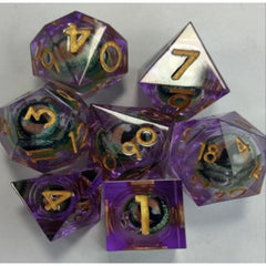 The perfect companion for your gaming needs! These premium, high-end resin are exactly what you've been searching for that upcoming game night with the group. These dice are quality resin with nice weight to them and engraved each with crisp, easy-to-read numerals. Many styles and colors are available.
This set includes one of each: d20, d12, d10, d10 (percentile), d8, d6, and a d4 (7 dice in total)! 
WARNING: These dice are extra sharp! Use with caution