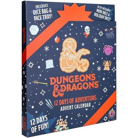 A new addition to this holiday season is the 12 Days of Adventure Advent Calendar which includes all the accessories you need to play!ï¿½ Countdown the 12 days to Christmas with the official D&D advent dice calendar that includes a dice tray, a custom D&D inclusion dice set, a D&D mini dice set, an exclusive Beholder inclusion d20, a dice bag to carry your loot, and more!