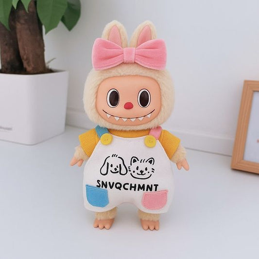 Outfit includes bow, shirt, and overalls. Customize and accessorize yours today! Labubu not included.