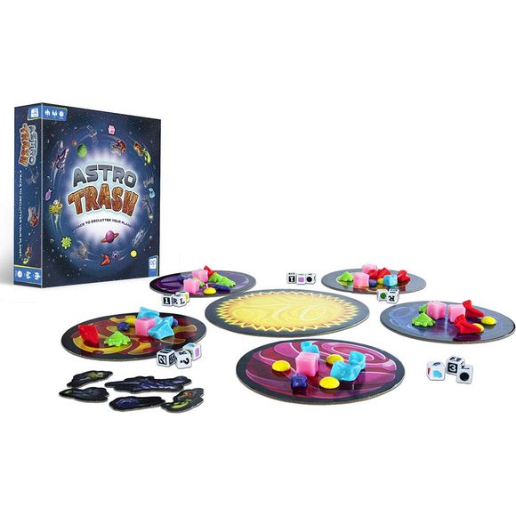 The race is on to declutter your planet! Astro Trash is a game in which each player must get rid of all the "trash" on their play mat at the expense of the players to their left and right. Players simultaneously roll three dice and rapidly move game pieces according to the direction, quantity, and color indicated on the dice.
Astro Trash in an edge-of-your-seat space race to rid the solar system of free-floating debris! After a Trash craft lost control, it's up to you to protect your planet and keep it f