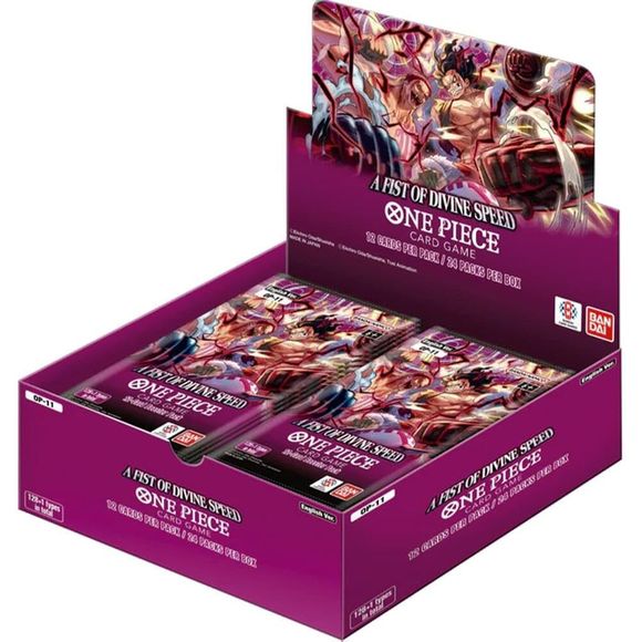 This listing is for a One Piece TCG - A Fist of Divine Speed (OP-11) Booster Box.

This set features many characters from the Whole Cake Island Arc, such as the Big Mom Pirates and the Vinsmoke Family. Leaders such as Katakuri and Nami return to the field with new strategies, allowing players to enjoy different playstyles! Players can use the new cards to strengthen a wide variety of existing decks. What`s more, decks built around the new cards are powerful enough to give newcomers a chance to compete with