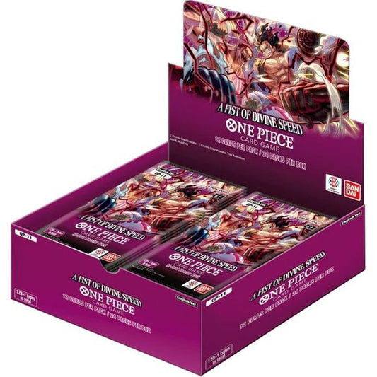 This listing is for a One Piece TCG - A Fist of Divine Speed (OP-11) Booster Box.

This set features many characters from the Whole Cake Island Arc, such as the Big Mom Pirates and the Vinsmoke Family. Leaders such as Katakuri and Nami return to the field with new strategies, allowing players to enjoy different playstyles! Players can use the new cards to strengthen a wide variety of existing decks. What`s more, decks built around the new cards are powerful enough to give newcomers a chance to compete with