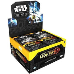 In this booster pack display for the game’s fourth set, Jump to Lightspeed, players will find 24 individually wrapped booster packs. Each pack contains 9 common cards, 3 uncommon cards, 1 rare or legendary card, 1 leader, 1 base/token, and 1 foil card.
Contents:

• 24 Jump to Lightspeed Booster Packs, each containing:

• 16 Star Wars: Unlimited Jump to Lightspeed cards
• 1 Rare or Legendary card
• 9 Common cards
• 3 Uncommon Cards
• 1 Leader Card
• 1 Base/Token
• 1 Foil Card