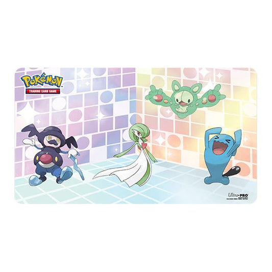 Playmats for Pokemon feature vibrant, full-color artwork. Made with a soft fabric top to reduce damage to cards during play and a non-slip rubber backing to keep the playmat from shifting during use, playmats enhance the gameplay experience. With dimensions of approximately 24 in. x 13.5 in., a playmat also makes an excellent oversize mousepad for home or office.