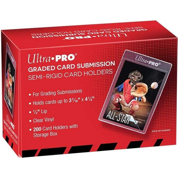 Tall Semi Rigid Card Holders

Graded card submission semi-rigid holders with 1/2" lip. Holds cards up to 3-3/16" x 4-1/4" (80.962mm x 107.95mm). 200-count box.