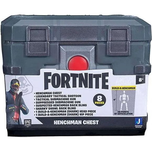 Bring the thrill of Battle Royale to life with the Henchman Chest Collectible Accessory Set Bundle. This 4-inch Fortnite collectible features incredible game-like details. Each Battle Royale accessory set is loaded with awesome collectible translucent weapons to add to your Fortnite locker. With Shark Henchman Build-A-Figure pieces, Rarity weapons, and Back Bling, this Fortnite Henchman Chest Accessory Set packs the perfect loadout for your 4-inch Fortnite action figures.