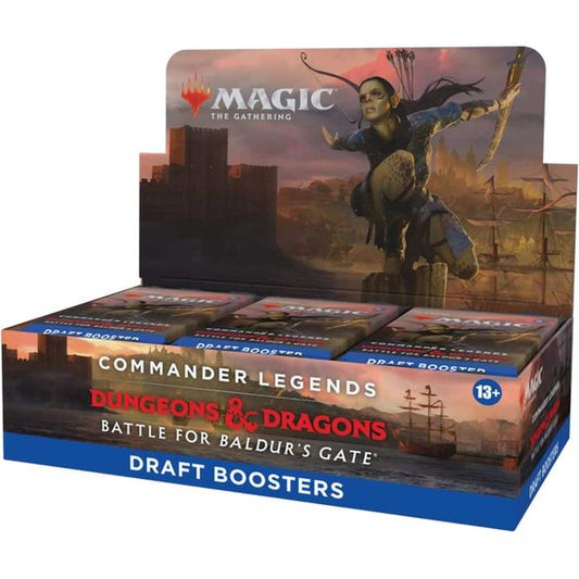 Draft a Commander Deck in the world of Dungeons & Dragons. The Commander Legends: Battle for Baldur’s Gate Draft Booster Box contains 24 Commander Legends: Battle for Baldur’s Gate Draft Boosters. Each Draft Booster contains 20 Magic cards and 1 token/ad card, with a combination of 1–4 card(s) of rarity Rare or higher (2: 37%; 3: 6%; 4: <1%), 3–6 Uncommon, and 13–15 Common cards. 1 card of any rarity is Traditional Foil. Traditional Foil Borderless Mythic Planeswalker in <1% of boosters.