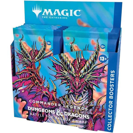 If you’re looking for the coolest, shiniest, most exciting Commander cards this side of Faerûn, look no further. The Commander Legends: Battle for Baldur’s Gate Collector Booster Box contains 12 Commander Legends: Battle for Baldur’s Gate Collector Boosters. Each Collector Booster contains 15 Magic: The Gathering cards and 1 traditional foil double-sided token, with 2 Foil-Etched cards and 10 Traditional Foil cards in every pack. In each booster you’ll get a combination of 6 cards of rarity Rare or higher,