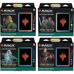 PThe beloved story and characters of The Lord of the Rings meet the thrilling gameplay of Magic: The Gathering in this The Lord of the Rings-themed Commander Deck. Try out Magic’s most popular format with a deck that’s ready to play right out of the box and fight for the fate of Middle-earth.
This The Lord of the Rings: Tales of Middle-earth Commander Deck set includes 4 (1 of each) ready-to-play deck of 100 Magic cards (2 Traditional Foil Legendary Creature cards, 98 nonfoil cards), a 2-card Collector Boos