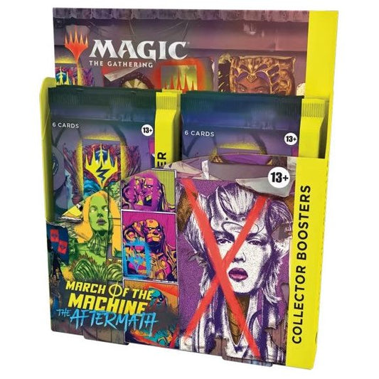 The March of the Machine: The Aftermath Collector Booster Box contains 12 March of the Machine: The Aftermath Collector Boosters. Each Collector Booster contains 6 Magic: The Gathering cards and 1 Traditional Foil double-sided token, with 4 cards of rarity Rare or higher and 2 Uncommon cards. Every pack contains a total of 5-6 foil cards.