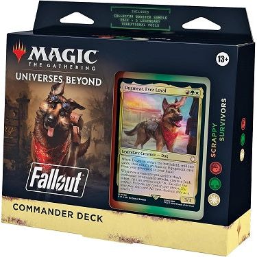 Battle your fellow wastelanders for survival as the Fallout series joins with Magic’s most popular multiplayer format. The Scrappy Survivors Commander Deck includes 1 ready-to-play Red-Green-White deck of 100 Magic cards (2 Traditional Foil Legendary cards, 98 nonfoil cards), a Collector Booster Sample Pack (contains 2 Traditional Foil or nonfoil special treatment cards, with 1 Extended-Art card of rarity Rare or higher and 1 alt-art, alt-frame card of rarity Uncommon or higher), 1 foil-etched Display Comma