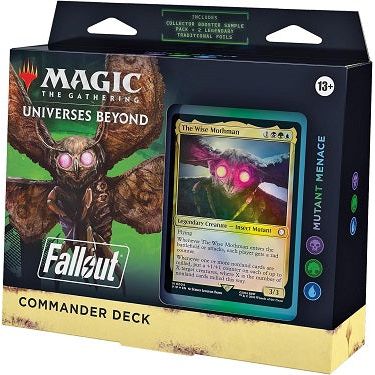 Battle your fellow wastelanders for survival as the Fallout series joins with Magic’s most popular multiplayer format. The Mutant Menace Commander Deck includes 1 ready-to-play Black-Green-Blue deck of 100 Magic cards (2 Traditional Foil Legendary cards, 98 nonfoil cards), a Collector Booster Sample Pack (contains 2 Traditional Foil or nonfoil special treatment cards, with 1 Extended-Art card of rarity Rare or higher and 1 alt-art, alt-frame card of rarity Uncommon or higher), 1 foil-etched Display Commande