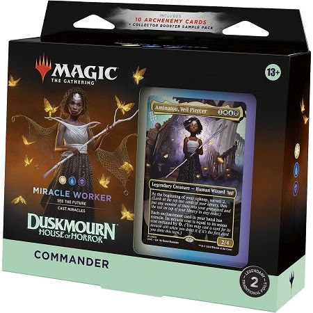 Cast fear into the hearts of your opponents with a White-Blue-Black deck that’s ready to play right out of the box. This Duskmourn: House of Horror Miracle Worker Commander Deck includes 1 deck of 100 Magic cards (98 nonfoil cards and 2 Traditional Foil Borderless Legendary cards), 10 Archenemy cards, a 2-card Collector Booster Sample Pack (contains 1 Traditional Foil or nonfoil alt-border card of rarity Rare or higher and 1 Traditional Foil Uncommon card), 10 double-sided tokens, 1 deck box (can hold 100 s
