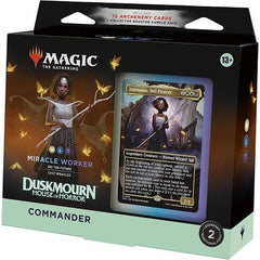 Cast fear into the hearts of your opponents with a White-Blue-Black deck that’s ready to play right out of the box. This Duskmourn: House of Horror Miracle Worker Commander Deck includes 1 deck of 100 Magic cards (98 nonfoil cards and 2 Traditional Foil Borderless Legendary cards), 10 Archenemy cards, a 2-card Collector Booster Sample Pack (contains 1 Traditional Foil or nonfoil alt-border card of rarity Rare or higher and 1 Traditional Foil Uncommon card), 10 double-sided tokens, 1 deck box (can hold 100 s