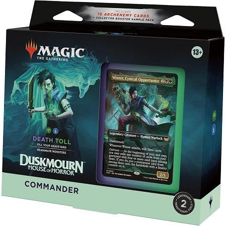 Cast fear into the hearts of your opponents with a Black-Green deck that’s ready to play right out of the box. This Duskmourn: House of Horror Death Toll Commander Deck includes 1 deck of 100 Magic cards (98 nonfoil cards and 2 Traditional Foil Borderless Legendary cards), 10 Archenemy cards, a 2-card Collector Booster Sample Pack (contains 1 Traditional Foil or nonfoil alt-border card of rarity Rare or higher and 1 Traditional Foil Uncommon card), 10 double-sided tokens, 1 deck box (can hold 100 sleeved ca