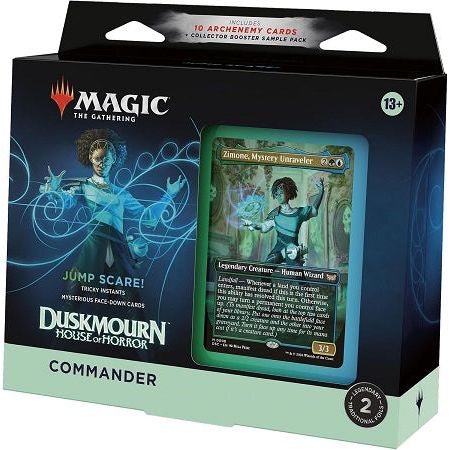 Cast fear into the hearts of your opponents with a Green-Blue deck that’s ready to play right out of the box. This Duskmourn: House of Horror Jump Scare! Commander Deck includes 1 deck of 100 Magic cards (98 nonfoil cards and 2 Traditional Foil Borderless Legendary cards), 10 Archenemy cards, a 2-card Collector Booster Sample Pack (contains 1 Traditional Foil or nonfoil alt-border card of rarity Rare or higher and 1 Traditional Foil Uncommon card), 10 double-sided tokens, 1 deck box (can hold 100 sleeved ca