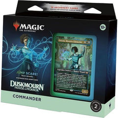 Cast fear into the hearts of your opponents with a Green-Blue deck that’s ready to play right out of the box. This Duskmourn: House of Horror Jump Scare! Commander Deck includes 1 deck of 100 Magic cards (98 nonfoil cards and 2 Traditional Foil Borderless Legendary cards), 10 Archenemy cards, a 2-card Collector Booster Sample Pack (contains 1 Traditional Foil or nonfoil alt-border card of rarity Rare or higher and 1 Traditional Foil Uncommon card), 10 double-sided tokens, 1 deck box (can hold 100 sleeved ca