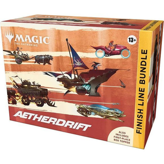 Release Date: 02/14/2025
Turbo-charge any Magic collection with this high-velocity bundle! Inside, you'll find 2 Aetherdrift Collector Boosters packed with multiple Rares, foils, and special treatments. Additionally, you'll score 6 Aetherdrift Play Boosters, a full cycle of 5 Full-Art Basic Lands with a special foil treatment, 15 Traditional Foil Basic Lands, 3 Extended-Art cards with Finish Line Bundle-exclusive art, 2 Box Topper cards, 1 special oversized racing checkered flag Spindown die, 2 reference ca