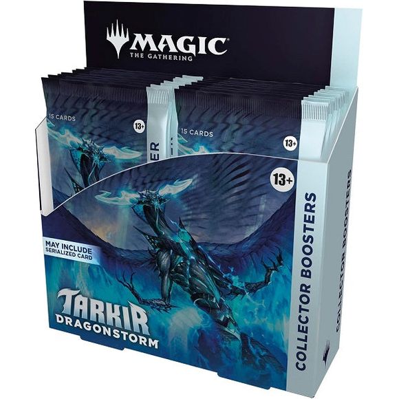 Contains: 12 Tarkir: Dragonstorm Collector Booster Packs. Each Collector Booster contains 15 Magic: The Gathering cards
Each Collector booster may contain these cards: TDM 1–276, 287–419; TDC 1–10, 51-90; SPG 104–118
Each Collector Booster includes 9–11 Traditional Foil cards
5 cards of rarity Rare or higher
3–5 Uncommon
4–6 Common
1 Land card
Headliner card in <1% of boosters