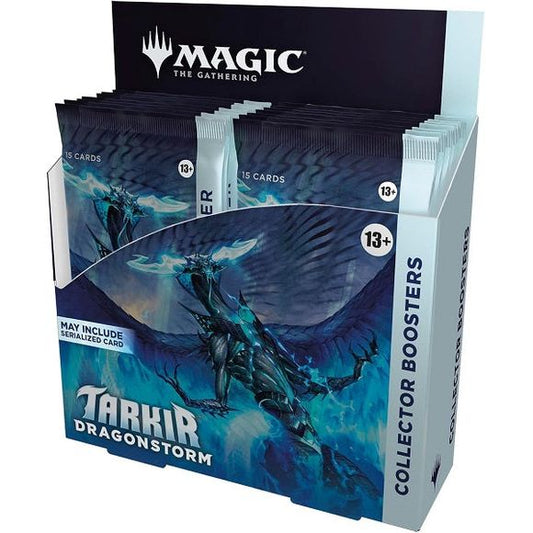 Contains: 12 Tarkir: Dragonstorm Collector Booster Packs. Each Collector Booster contains 15 Magic: The Gathering cards
Each Collector booster may contain these cards: TDM 1–276, 287–419; TDC 1–10, 51-90; SPG 104–118
Each Collector Booster includes 9–11 Traditional Foil cards
5 cards of rarity Rare or higher
3–5 Uncommon
4–6 Common
1 Land card
Headliner card in <1% of boosters