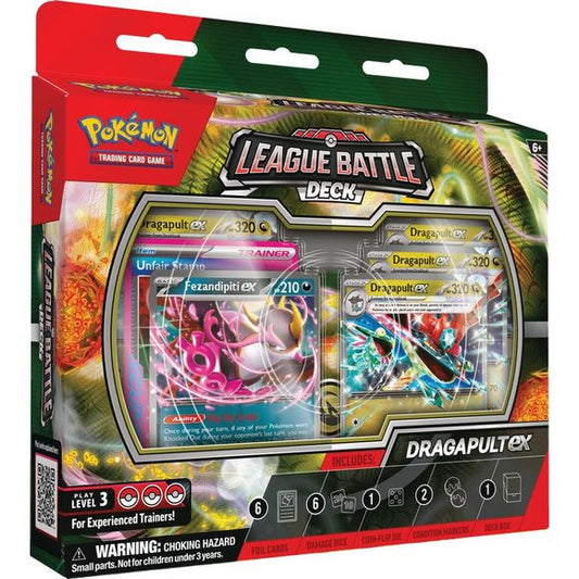 Dive & Drop Damage with Dragapult ex! In this box, you'll find: 1 ready-to-play 60-card deck, 6 damage-counter dice, 1 coin-flip die, 2 coin condition markers, 1 deck box, 1 strategy sheet, and 1 code card to play this deck online.