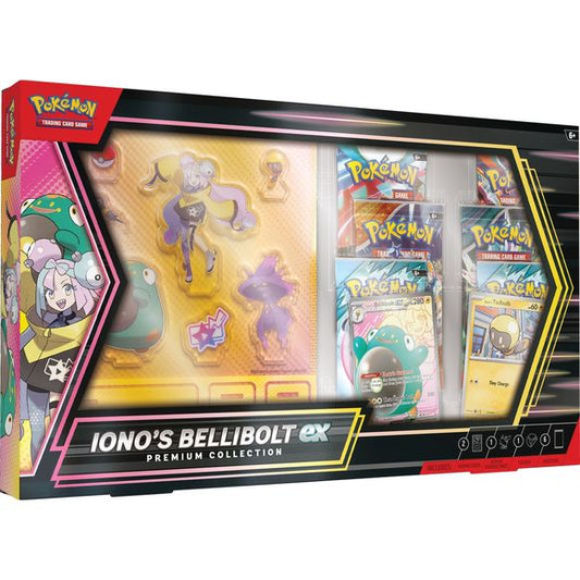 Power Up Your Pokemon in the Iono Zone! Levincia Gym Leader Iono and her partner Pokemon Bellibolt are an inseparable team full of supercharged spirit! With this collection, you can call on Iono's Bellibolt ex and its Electric Streamer Ability to energize the rest of Iono's Pokemon on your side. Then, get caught up in more electrifying fun with acrylic standees, a colorful photo sticker, and a handful of Pokemon TCG booster packs! The Pokemon TCG: Iono's Bellibolt ex Premium Collection includes: 1 full-art